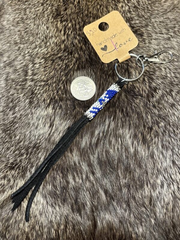 Peyote Stitched Keychain - Blue White and Silver